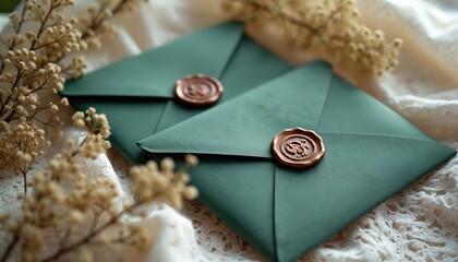 Two dark green envelopes with wax seals are laid on white lace cloth. Dried small flowers add touch of vintage style to composition. These invitations suggest formal wedding event or special occasion.