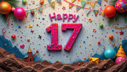 Happy 17th birthday celebration with colorful balloons, confetti, party flags, and festive decorations creating joyful atmosphere