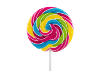 hyper-detailed product photo of a glossy, precise spiral pinwheel lollipop featuring vibrant magenta, blue, green, and yellow sugar, isolated on a brilliant white background. Concept for