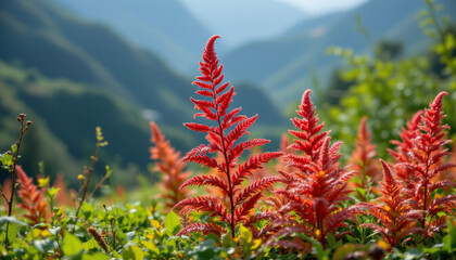 Red fern leaves in sunlight with green plants and blurred mountain background create vibrant and peaceful nature scene