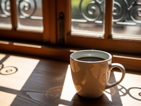 A warm, high-contrast close-up captures a beige coffee mug resting on a wooden windowsill, illuminated by geometric morning shadows.