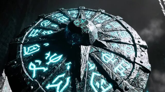 Glowing rune-etched stone, orb cracks, emitting cyan sigils amid misty, dark battlefield ruins near