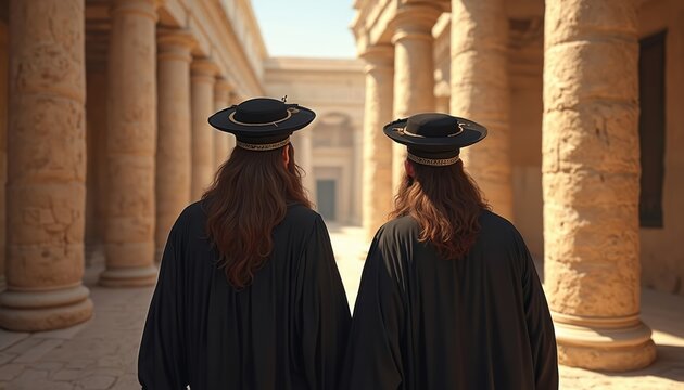 Two men in ancient Jewish attire walk past stone columns. Their long hair and dark robes suggest a historical religious context, possibly biblical times or ancient Israel. They wear distinctive hats.