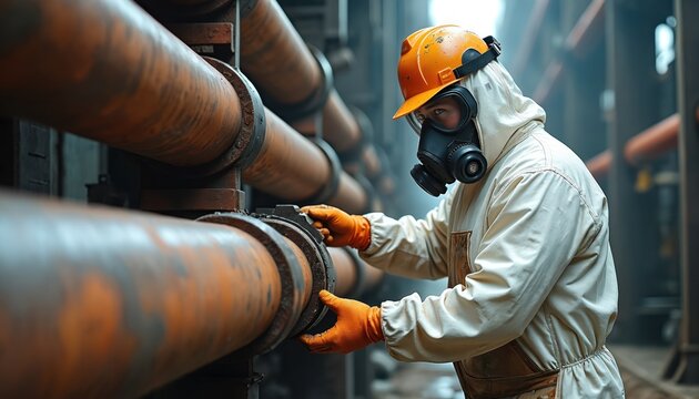 Industrial worker in protective suit and gas mask inspects large rusty pipes. Safety gear is worn for hazardous work in factory. Worker checks pipeline joint for maintenance.