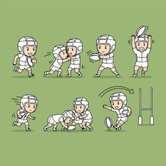 Cartoon Rugby Players in Action Poses.