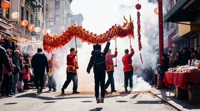 Excited young child clenching his fist and jumping while watching a dragon dance at a Chinese New Year parade surrounded by people watching the event