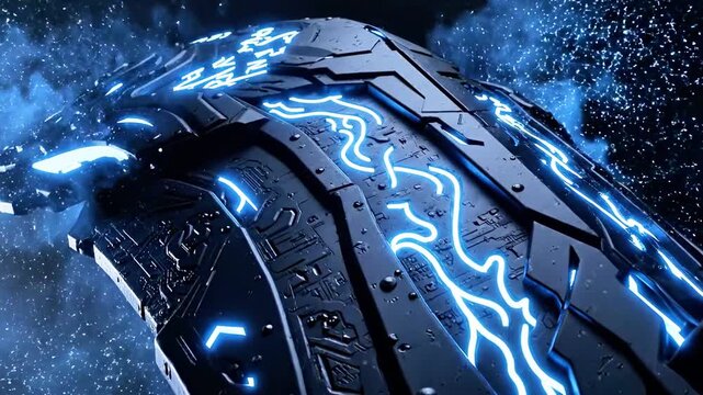 Futuristic armored wheel glows with electric blue lines amid space sparks and starry darkness. afar.