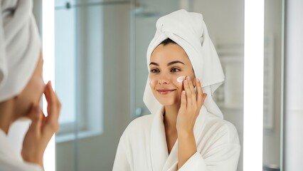 Woman applying cream in bathroom mirror