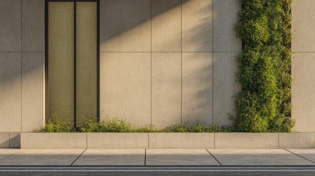 Modern concrete building facade adorned with vibrant green climbing plants under warm sunlight in an urban setting