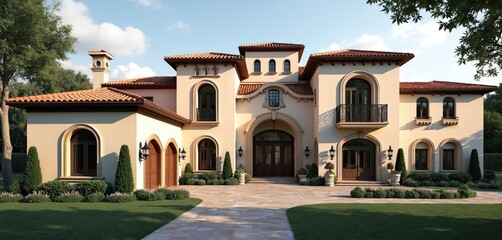 Elegant Mediterranean style villa with arched windows, terracotta roof, manicured garden. Luxurious estate features stucco exterior, ornate balconies, grand entrance. Ideal residence for discerning