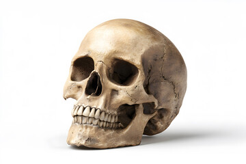 Fototapeta premium Detailed human skull displayed on a plain surface showing its anatomical features and structure in a well-lit environment