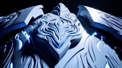 Low--angle close-up of a futuristic blue sneaker sole with bold grooves and glossy shines, dramatic