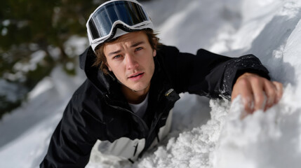 An aspiring snowboarder looks determined while emerging from fresh powder snow, encapsulating the challenges and perseverance associated with winter sports and outdoor endeavors.