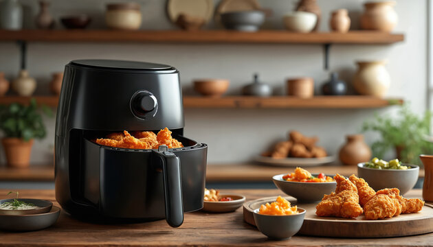 Black air fryer cooks crispy fried chicken strips on wooden table. Kitchen counter shows bowls of dip and side dishes. Home meal preparation.