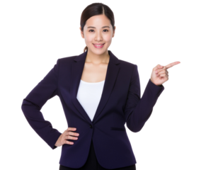 Consultant in navy blazer, pointing to the side as if giving instructions, isolated on a transparent background, PNG