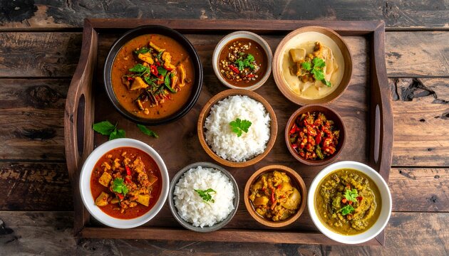 Overhead view flat lay of a traditional Lanna Khan Tok dinner setting displaying m