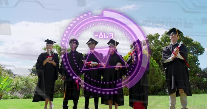 Graduates cheering then tossing mortarboards on lawn celebrating graduation while phone recording