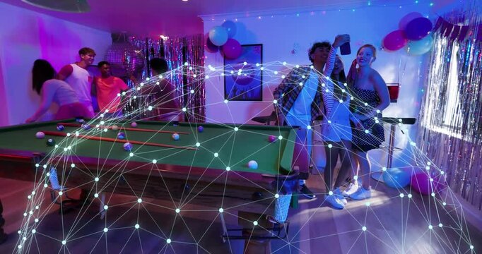 Group gathering around pool table, social event moving right, raising phone activating web overlay