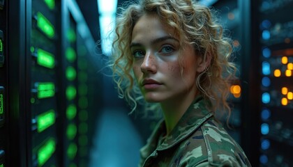 Young woman with curly hair wears military uniform in server room. She looks at camera thoughtfully amidst glowing technology and computer data streams. Future tech and digital defense.
