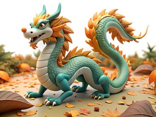 Fototapeta premium A vibrant green dragon with orange mane and tail in a fall setting