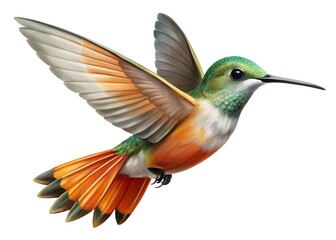 Naklejka premium Vibrant hummingbird in flight with distinctive green orange and white plumage