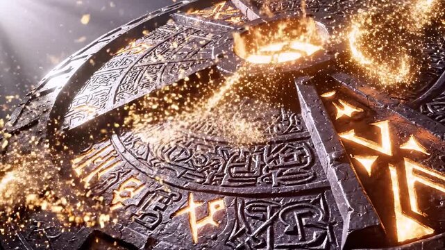 Circular stone pedestal etched with runes, glowing embers and a fiery blade arcing above, alive now