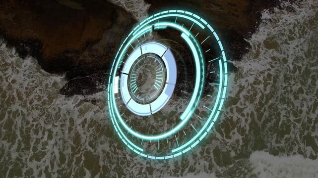 Rising concentric rings over surf, starting cyan HUD rotating, scanning, fading for shore mapping