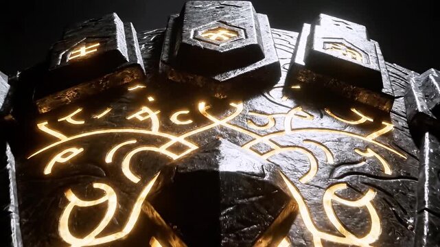 Dark, jagged fortress towers loom, with glowing gold runes illuminating carved stone. under ash glow