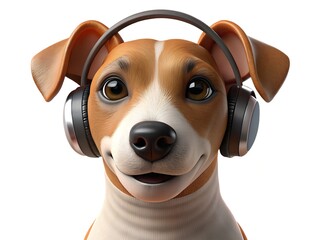 A dog wearing headphones looking happy and engaged