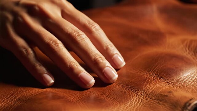Close-up of human hand gently touching textured leather surface highlighting tactile detail and
