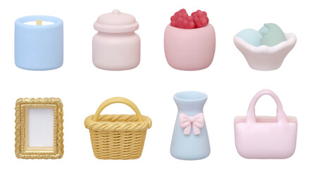 Mini Ornaments for Shelf Decor in Soft 3D Art on Transparent Background