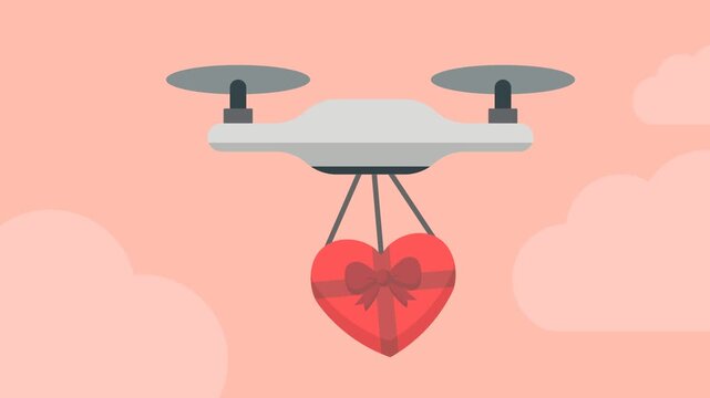Valentine flying drone. Rounded aerial device carrying heart shaped gift box below. Valentine delivery and romantic surprise concept. Soft warm flat background with abstract cloud shapes.