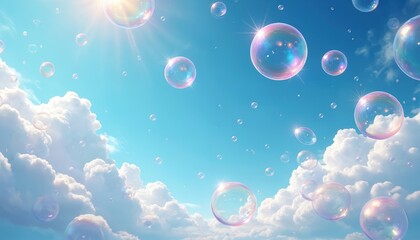 Transparent soap bubbles float high in bright blue sky with fluffy white clouds. Sunbeams shine through, creating colorful refractions on airborne spheres. Dreamlike, playful, serene outdoor scene.