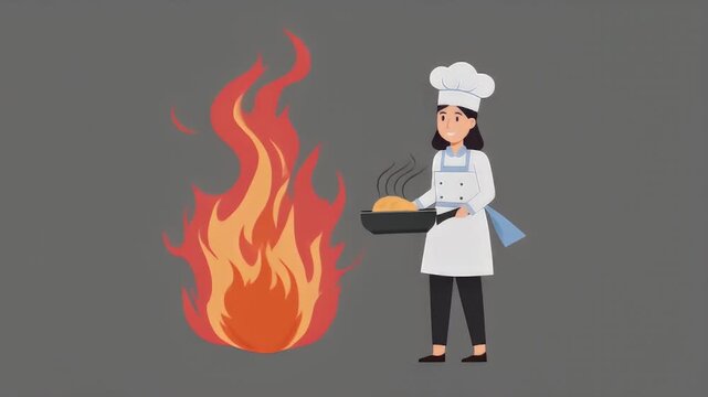 Female chef holding burning pan cooking fire accident, funny kitchen fail animation, 4k