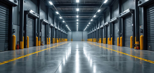 Large industrial warehouse interior features multiple loading bay doors, bright fluorescent lighting. Polished concrete floor reflects lights, yellow safety lines guiding traffic. Spacious storage