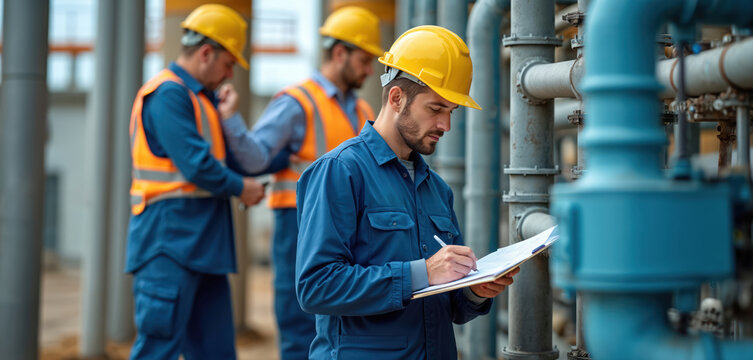 Engineers in hard hats review papers near large industrial pipes, cooling towers. Workers discuss project details, check equipment on construction site. Professionals oversee complex machinery,