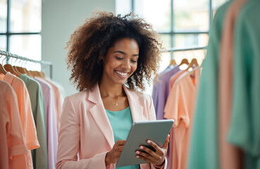 Smiling woman uses tablet in clothing store. Pastel shirts hang on racks. She manages inventory or online sales, showing modern retail tech. Happy pro checks app for shop.