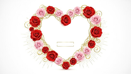 Obraz premium Elegant heart shaped frame crafted from swirling gold vines and vibrant red and pink roses for romance on transparent background