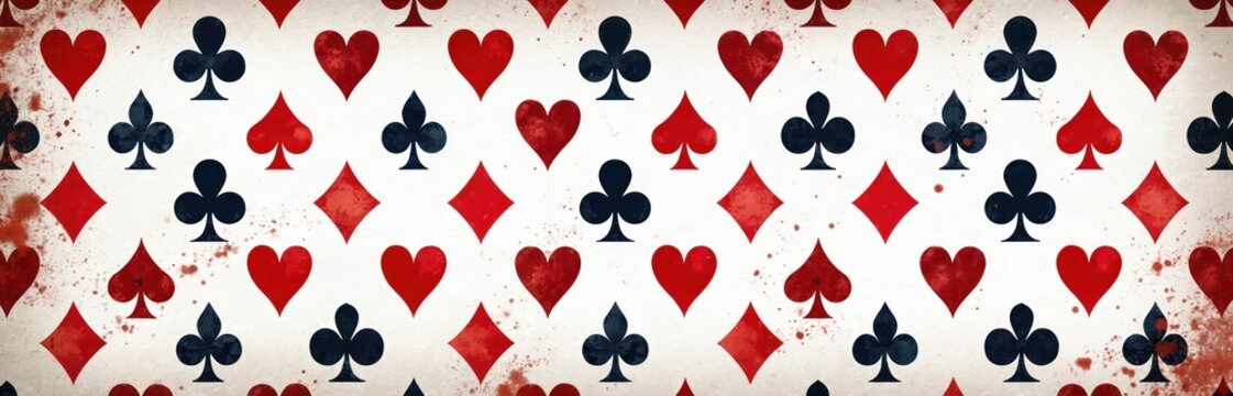 Repeating pattern of red hearts and diamonds, black clubs and spades on white textured background. Distressed grunge effect with paint splatters.