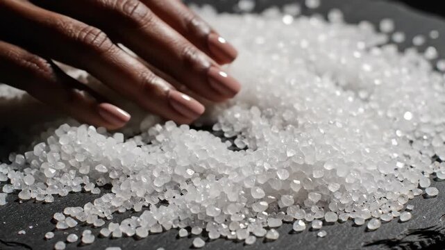 Close-up of Human Hand Touching White Sea Salt Crystals on a Flat Surface
