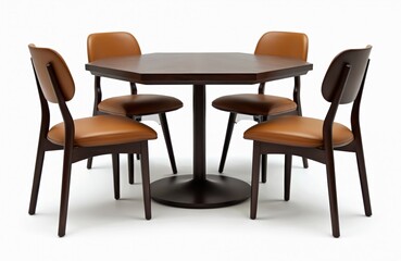 Fototapeta premium Dark wood octagonal table with four brown faux leather chairs. Furniture set isolated on white background. Modern dining room or cafe setup for meal.
