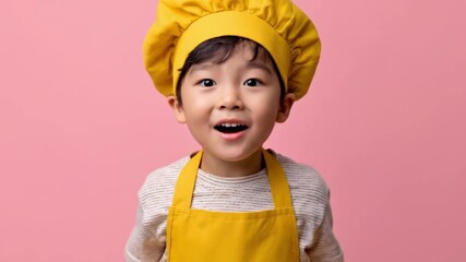 An adorable little child dressed in a yellow chef costume makes a surprised and amazed facial expression. With wide eyes and an open mouth, the young cook holds oven-mitted hands to their cheeks in a 