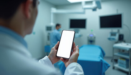 Doctor holds smartphone in operating room. Another medic works near patient table. Monitors show blank screens. Medical tech uses mobile device in sterile hospital ward.