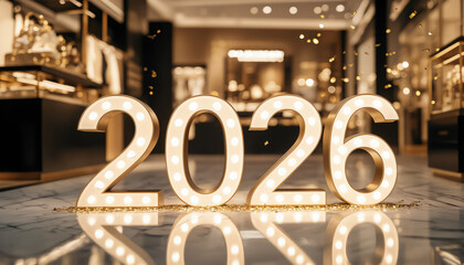 Illuminated 2026 sign in luxurious store setting with sparkling decorations.