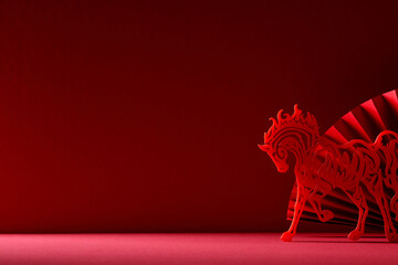Red paper cut horse silhouette with a decorative fan on a monochrome background. Chinese new year...