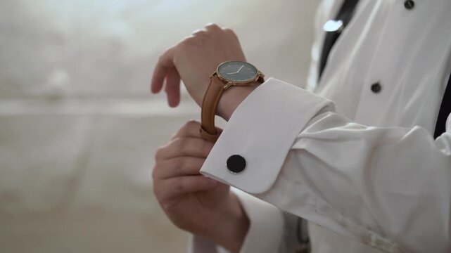 Closeup Of Hands Adjusting Vintage Timepiece With Tuxedo, Individual Finetuning Elegant Timekeeper While Dressed In Formal Attire