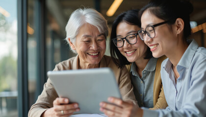 Three Asian women of different ages smile looking at tablet computer indoors. Seem happy, engaged with device, possibly sharing content discussing something. Scene suggests connection, shared