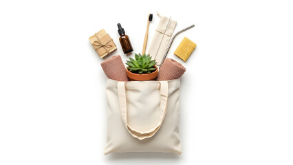 Sustainable lifestyle shopping bag filled with eco-friendly personal care and reusable items