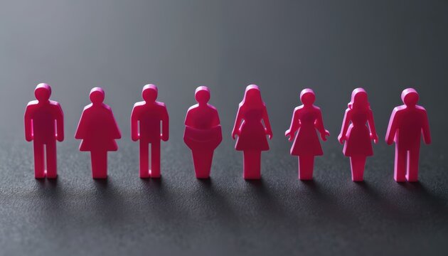 Seven magenta human shapes stand in a row on a dark surface. Figures represent men and women. Different body types are shown. Abstract concept with simple shapes.