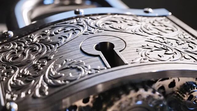 Ornate, metal lockbox with floral engravings, exposed gears, keyhole center, moody backdrop, glints